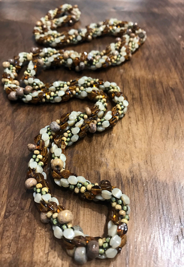 Amber Bulgarian Crochet Loop Necklace | Pearl, Crystal, Ceramic | 44"
