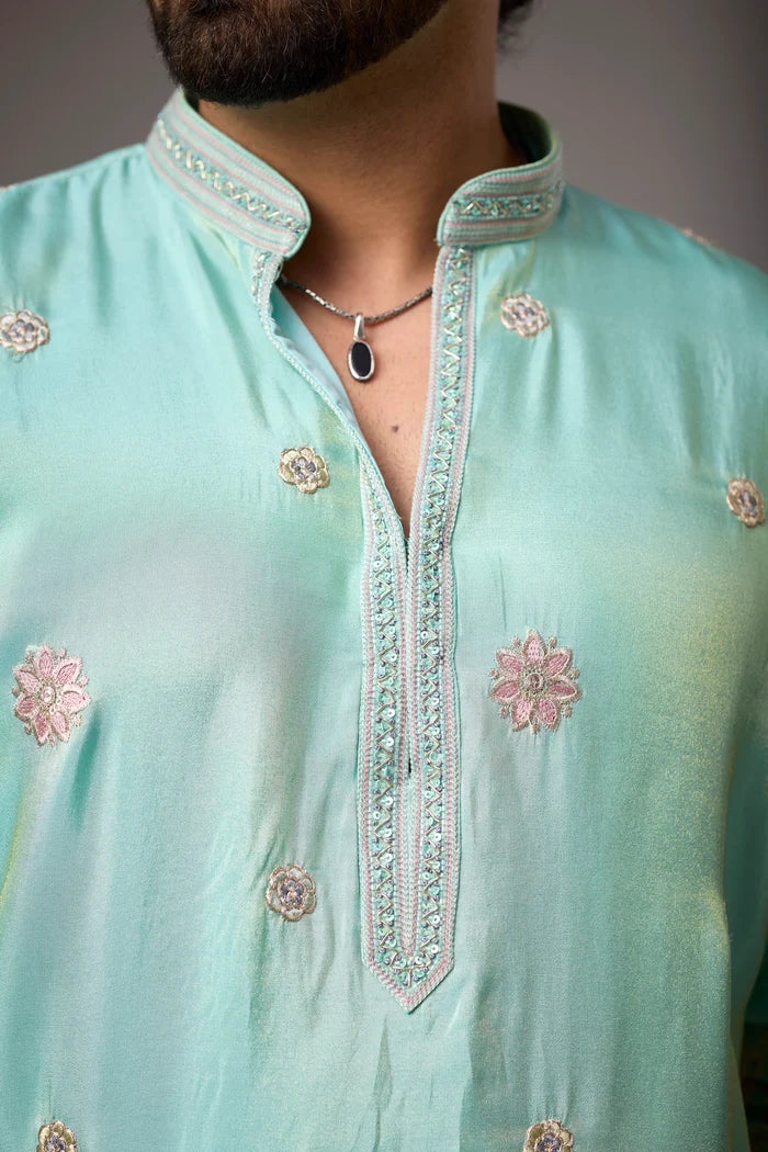 Affordable Aqua Mint Kurta Set for Men – Full Length View | Mahavir NX