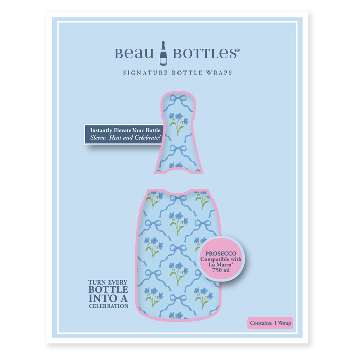 Beau Bottle Blue Bows and Blossoms Prosecco Bottle Wrap
