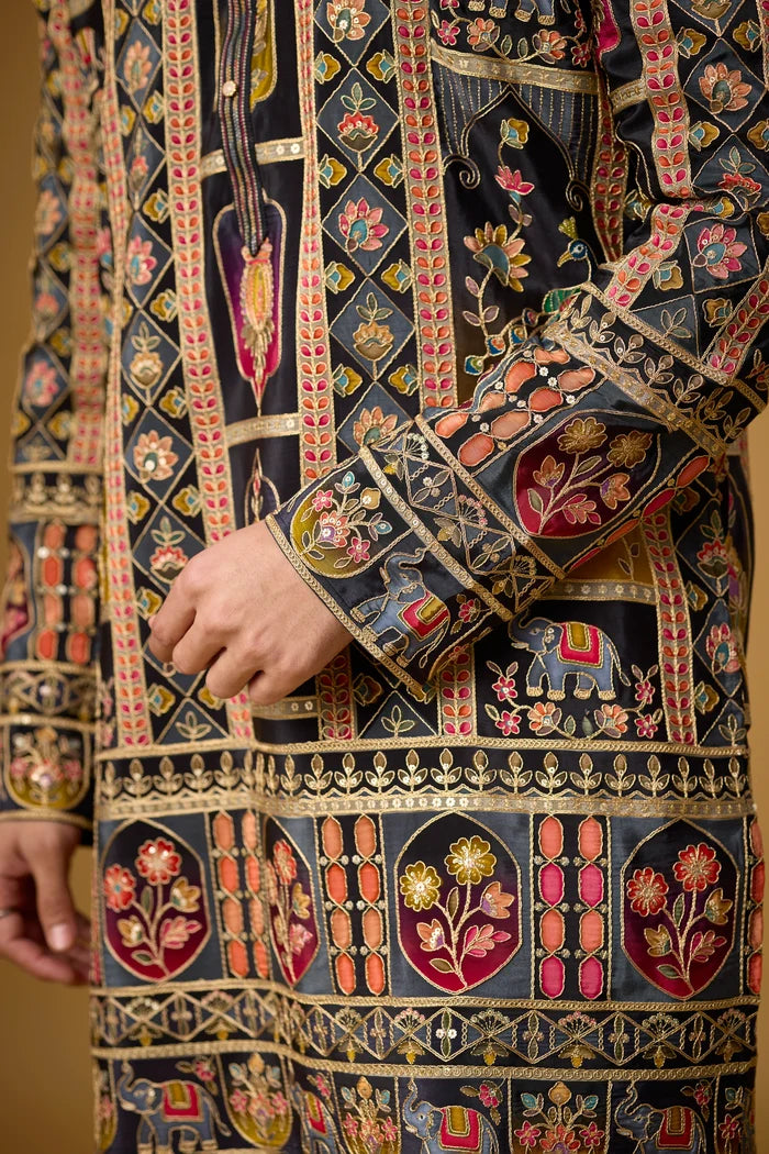 Black Tapestry Embroidered Kurta Set for Men – Full Length View | Mahavir NX