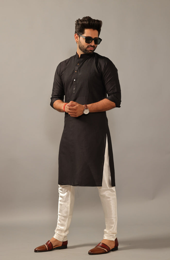 Black Silk Pleated Kurta Pajama Set