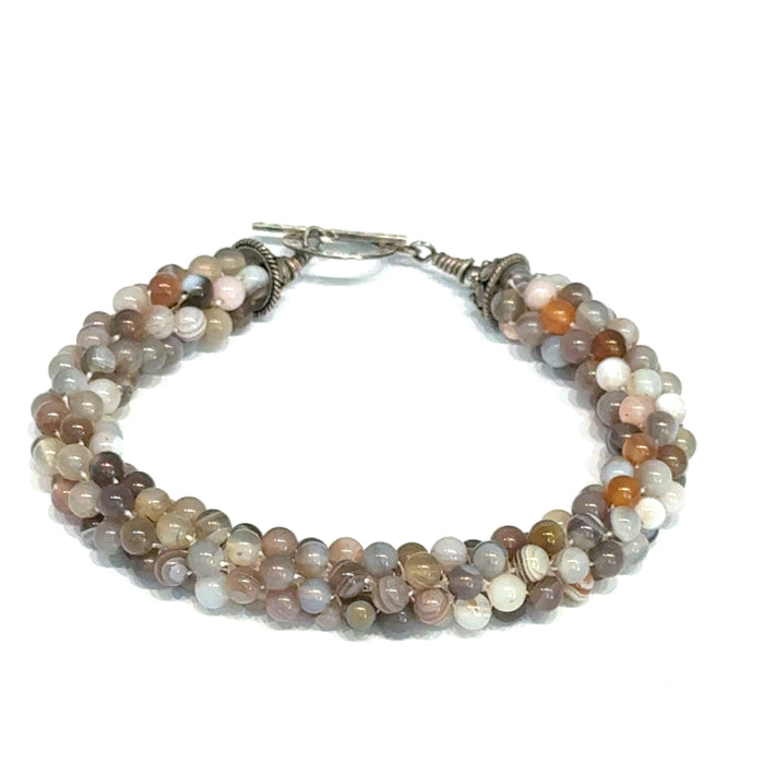 Botswana Agate Bulgarian Crochet Bracelet | Sterling Silver Hammered Circle Toggle | 7.5 In | Handmade | Boston | Comfort and Emotional Healing | Reiki Charged