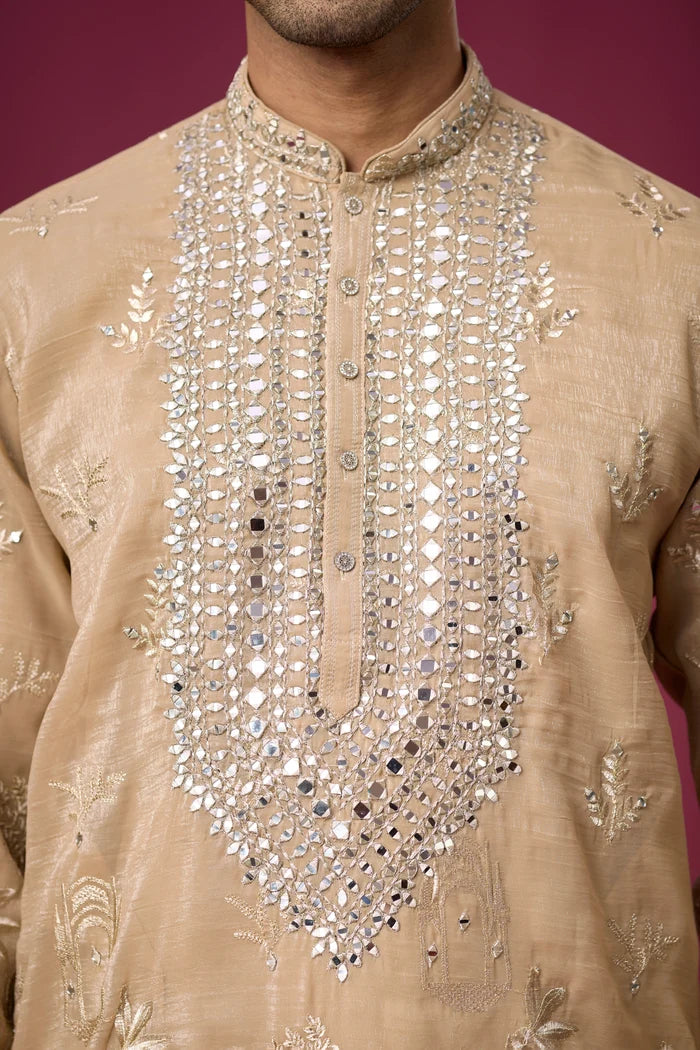 Champagne Beige Mirrorwork Heritage Kurta Set for Men – Full Length View | Mahavir NX