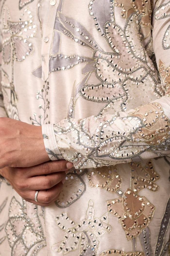 Champagne Floral Embroidered Kurta Set for Men – Full Length View | Mahavir NX