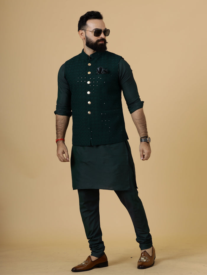 Classy Dark Green Chikankari Half Jodhpuri Jacket With green kurta pajama