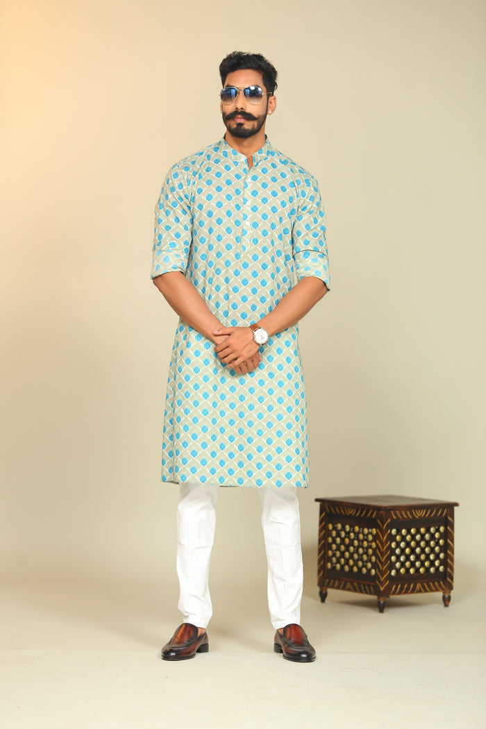 Cotton Sanganeri Booti Printed Olive Green Kurta Pajama