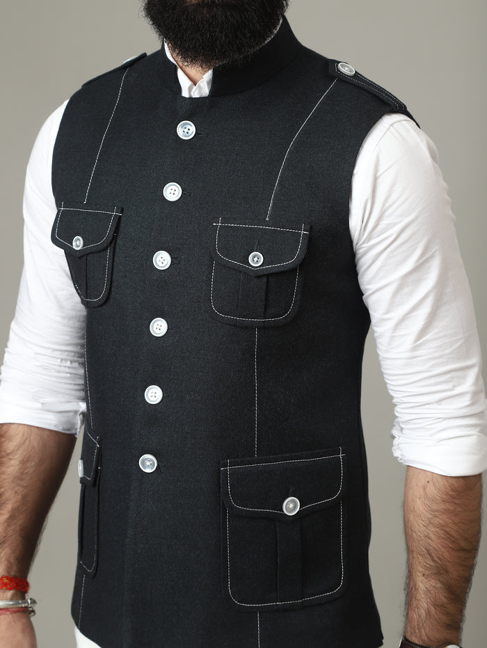 Dark Green Tweed Semi-Hunting Waistcoat with Contrast Stitching