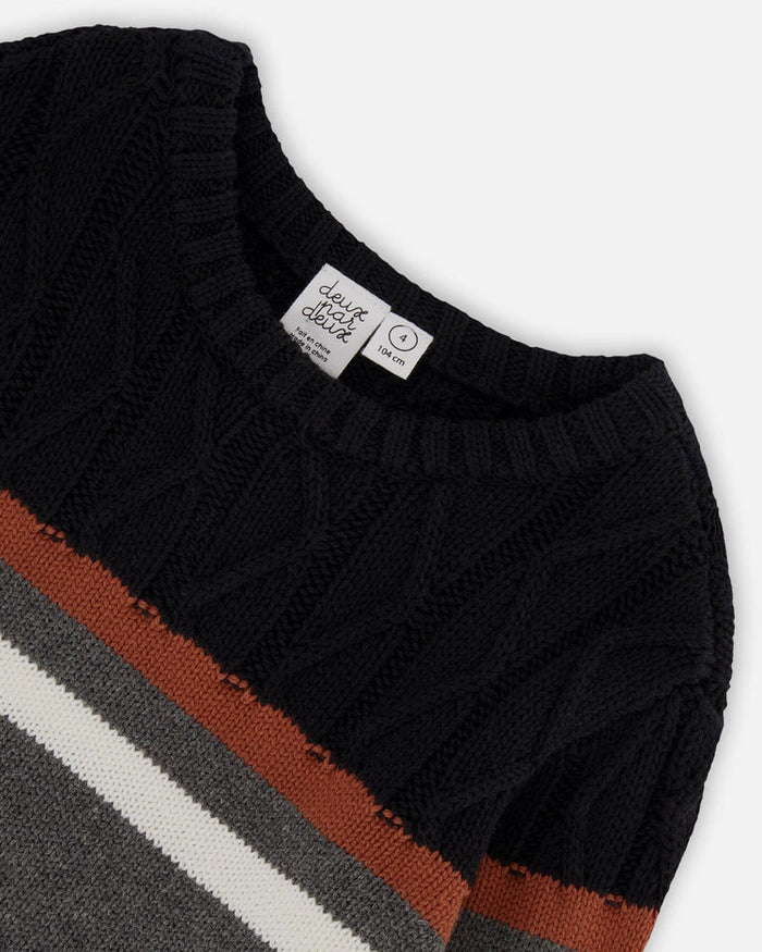 Deux Par Deux Color Block Cable Sweater Grey