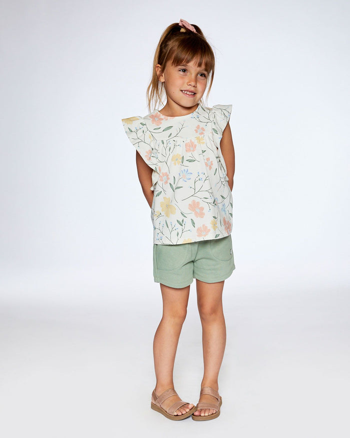 Deux Par Deux Jersey Top With Frill Sleeves - Printed Off White Flowers