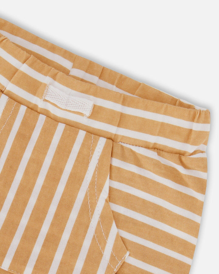 Deux Par Deux Organic Cotton Top & Short Set - Tan Stripe Safari