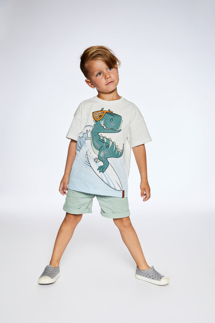 Deux Par Deux Organic Jersey Drop Shoulder T-Shirt - Off White Dino