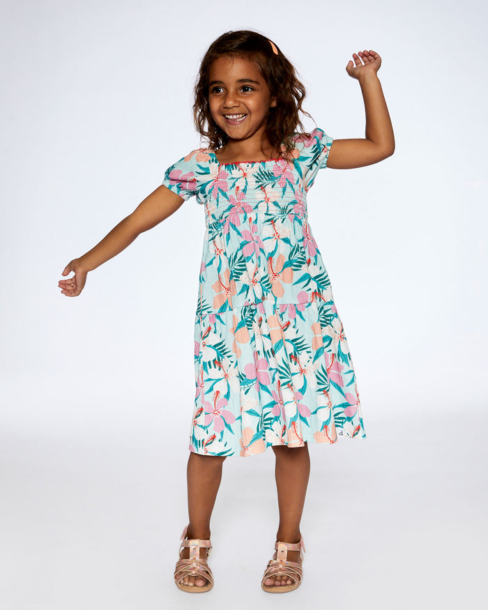 Deux Par Deux Smocked Crinkle Dress - Beach Hibiscus