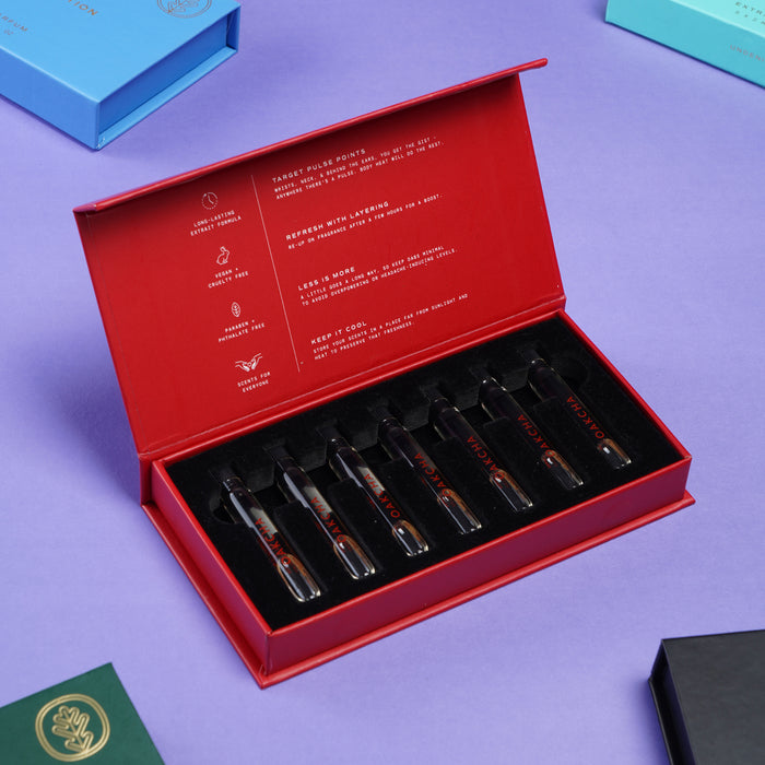 Angled view of Discovery Sample Set open showing seven 2 ml amber glass vials in a fitted black tray on a purple background