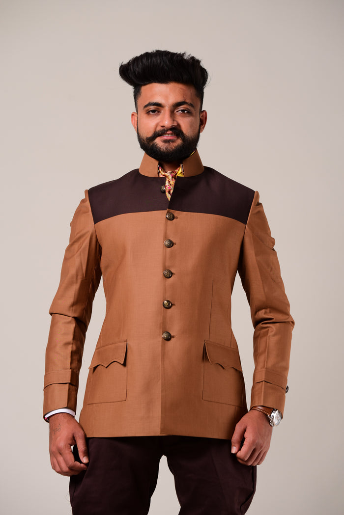 Exclusive Almond Brown Terry Rayon Bandhgala Blazer