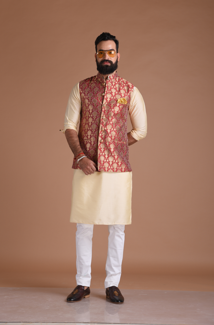 Floral Pattern Red Golden Half Jodhpuri Jacket with Kurta Pajama Set
