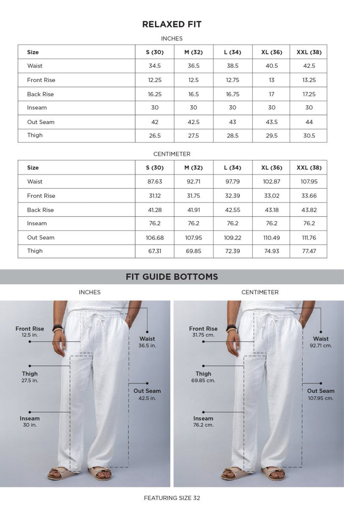 Flow White Textured 100% Cotton Pants size chart