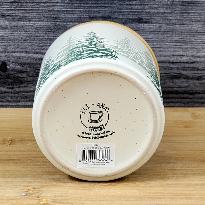 Forest Woods Tree's Canister & Bamboo Lid Embossed Ceramic Green Jar Blue Sky 4"