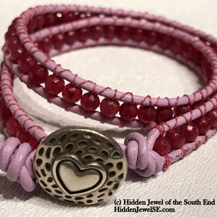Genuine Pink Quartz (Crystalline Rose Quartz) Leather Wrap bangle