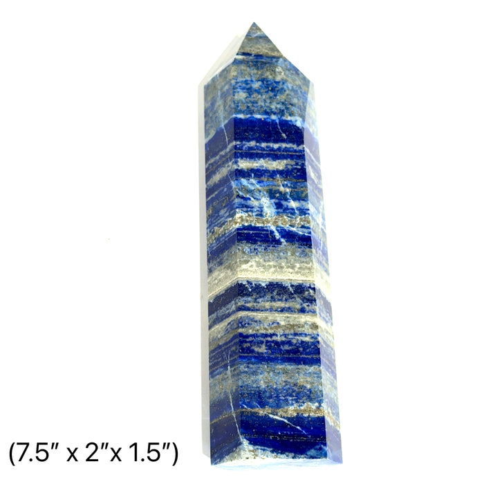 lapis lazuli gemstone tower that is 7.5'' x 2'' x 1.5'' on a white background front view.