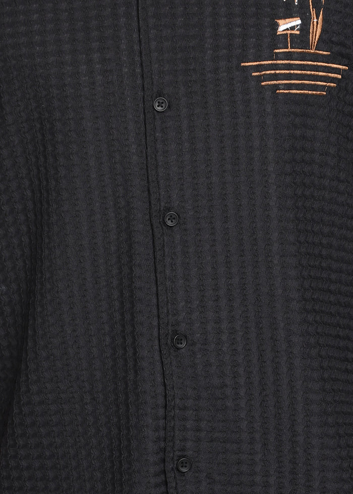 Men’s Black Textured Seersucker Cuban Collar Shirt with Palm Embroidery