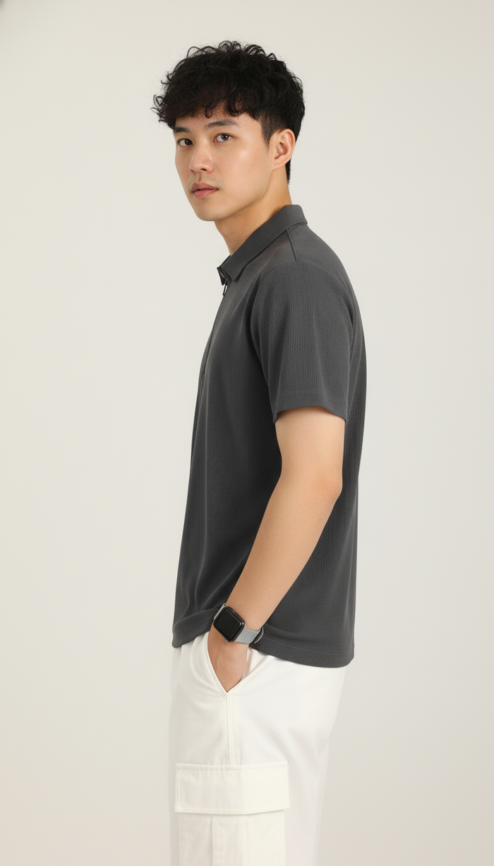 Men’s Charcoal Grey Textured Ribbed Zip Polo T-Shirt