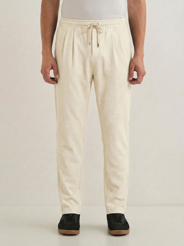 Men's Cream Textured Relaxed Fit Trousers with Elasticated Drawstring Waist