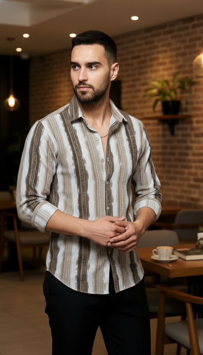 Men's Earth Brown Abstract Stripe Winkle Ribbed Shirt