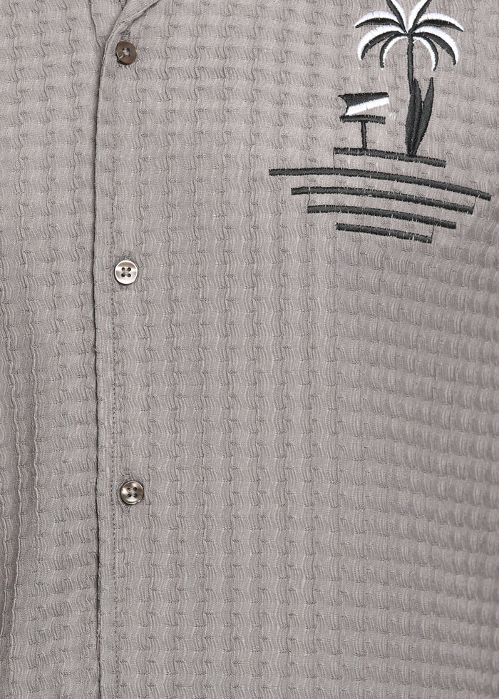 Men’s Grey Textured Seersucker Cuban Collar Shirt with Palm Embroidery