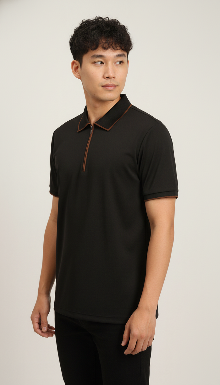 Men's Jet Black Modern Contrast Trim Zip-Neck Polo T-Shirt