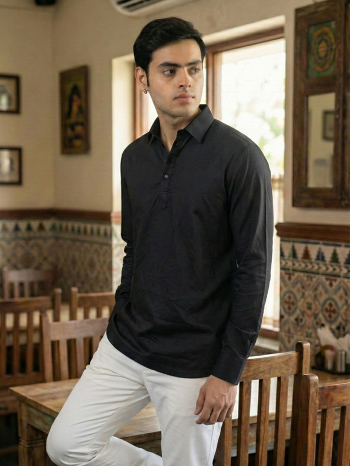 Men’s Midnight Black Premium Long Sleeve Henley Shirt with Buttoned Cuffs