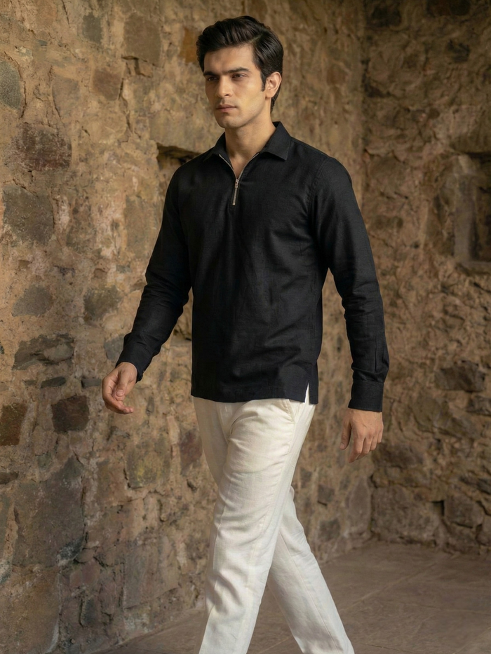 Men’s Midnight Black Premium Quarter-Zip Long Sleeve Polo Shirt