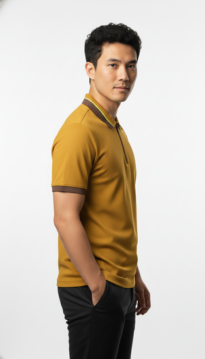 Men's Mustard Gold Textured Zip-Polo T-Shirt with Neon Collar Accent