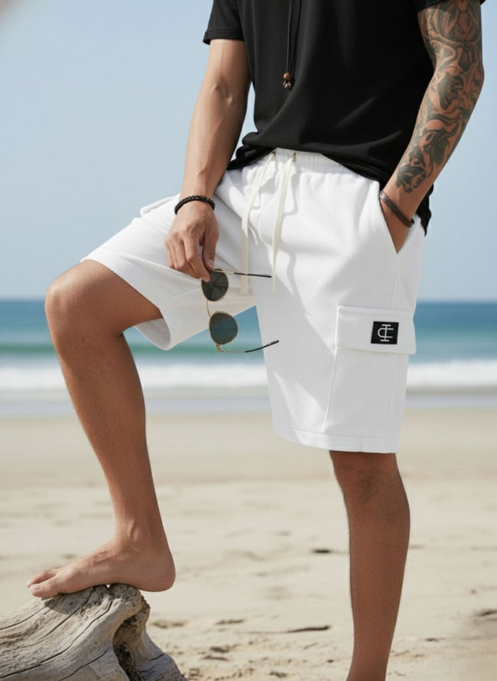 Men's Optic White Premium Ribbed Texture Cargo Shorts