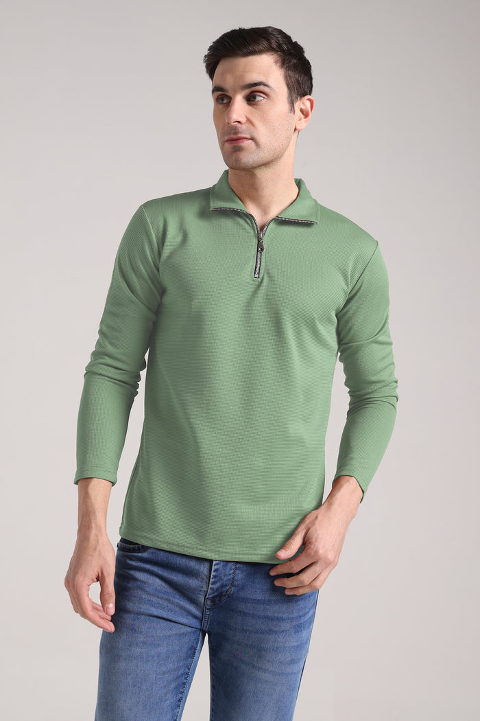 Men's Outer Mesh Pastel Green Full Sleeve Zipper T-Shirt