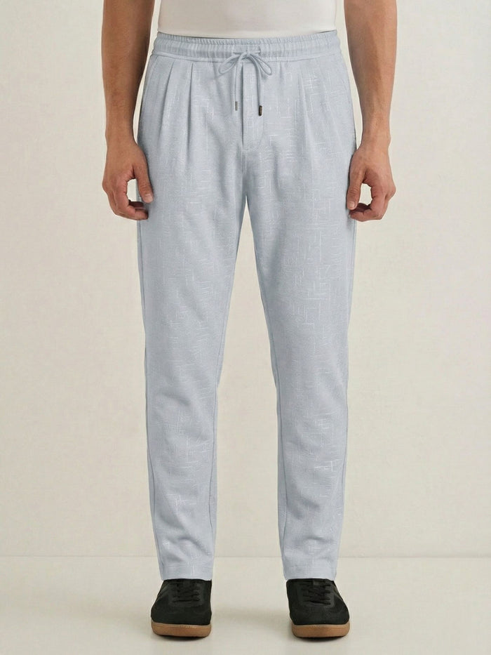 Men's Pale Grey Textured Relaxed Fit Trousers with Elasticated Drawstring Waist