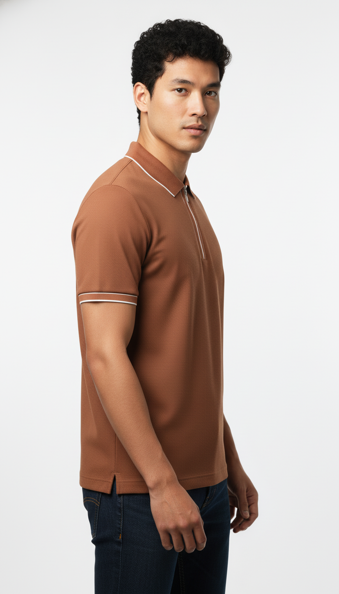 Men's Rustic Copper Contrast Trim Zip Polo T-Shirt