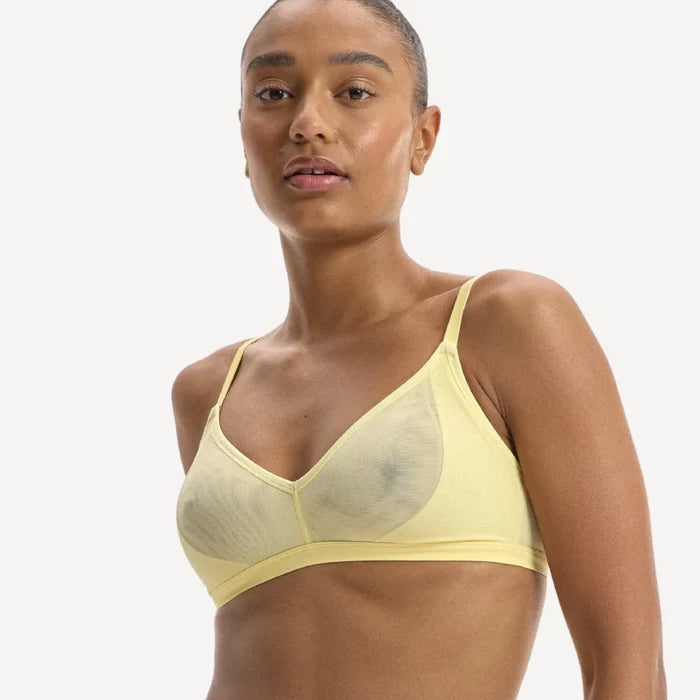 Model wearing the Mesh Comfort Wirefree Bralette in pale yellow, front view