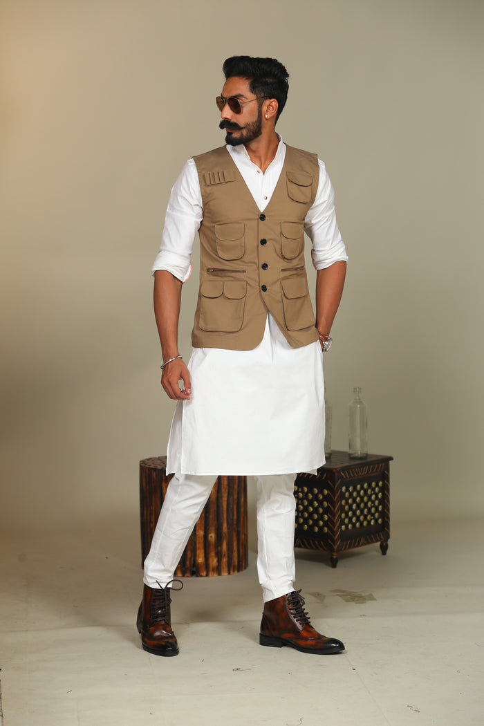 Multi Utility Khakhi Hunting Style Jacket With White Kurta Pajama Set