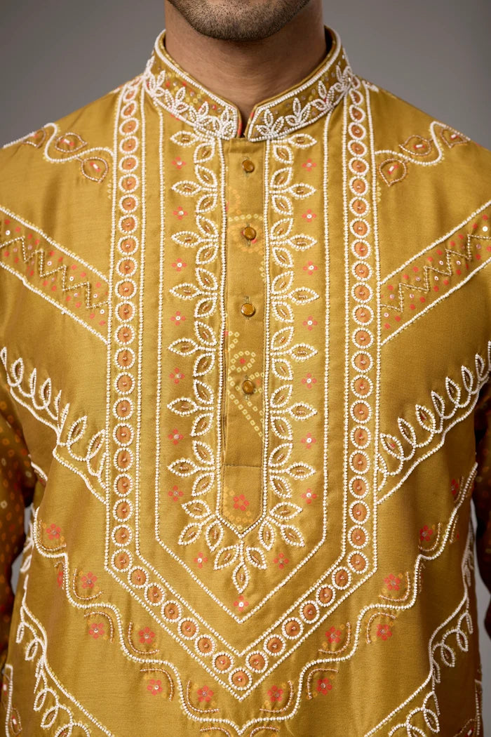 Mustard Gold Embroidered Stole Kurta Set – Festive Occasion | Mahavir NX