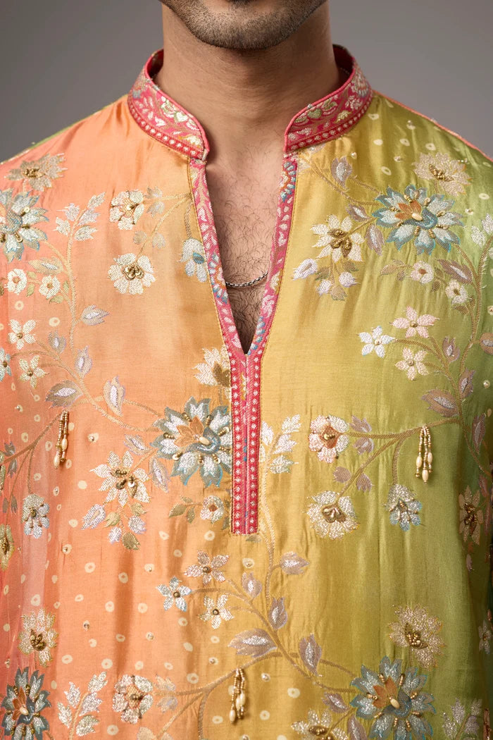 Mustard Floral Heritage Kurta Set for Men – Full Length View | Mahavir NX