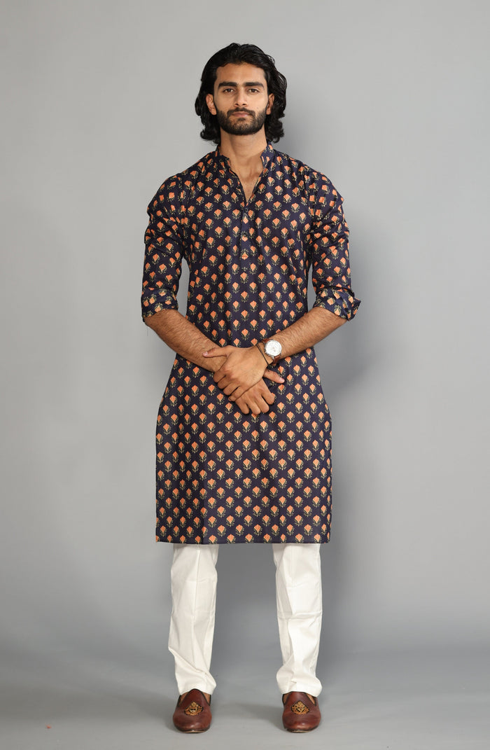 Navy Blue With Red Booti Pattern Sanganeri Kurta Pyjama Set