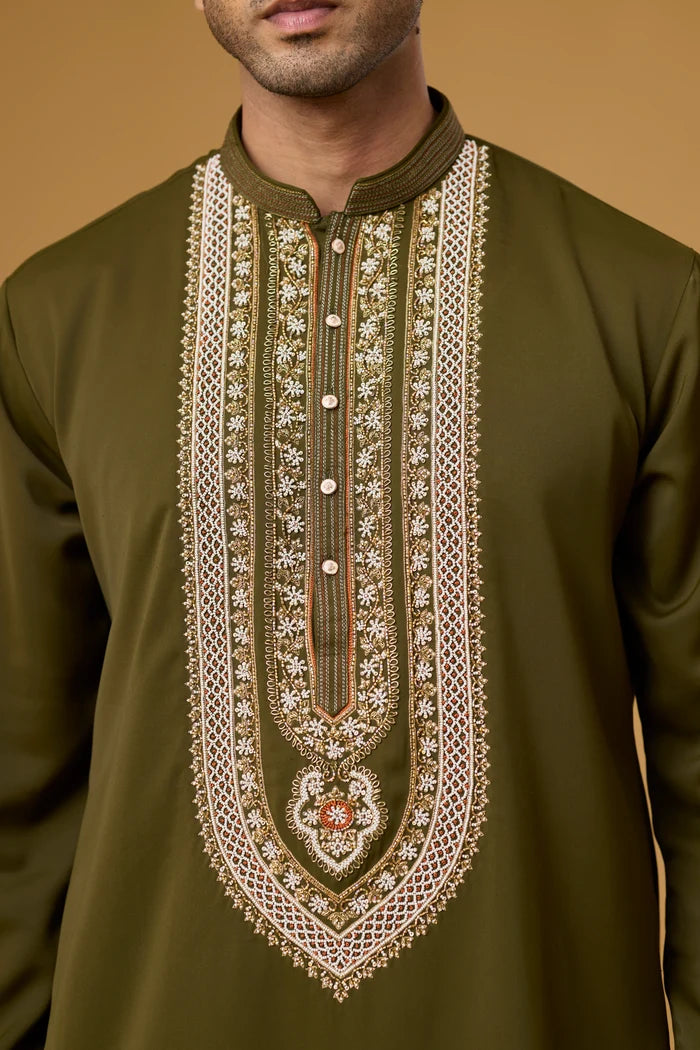 Premium Olive Embroidered Kurta Set for Men – Full Length | Mahavir NX