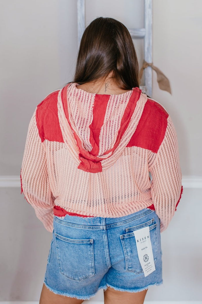 Open Knit Conversation Top In Blush Red Multi - Macoma Boutique120 Long Sleeve