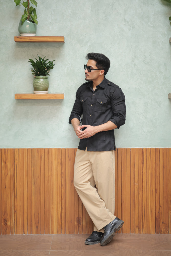 Rajanyas Textured Four-Pocket Hunting Shirt – Black