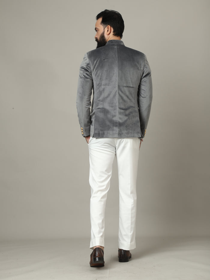 Steel Grey Embroidered Bandhgala Jacket with Ivory Pants | Luxury Wedding Set