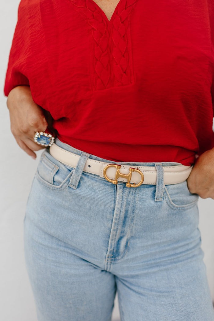 Stitched Clean Leather Belt With Equestrian Buckle In Beige - Macoma Boutique310 Accessories/Jewelry