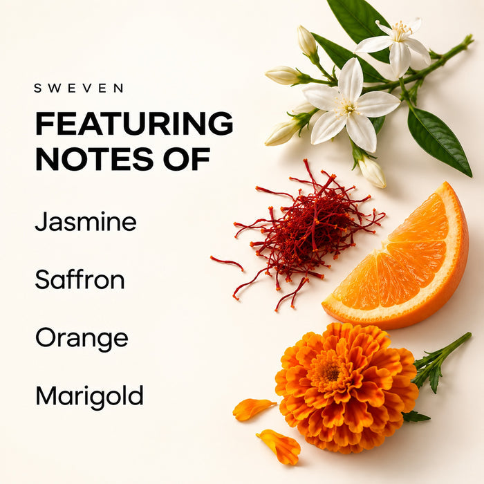 Sweven fragrance featuring jasmine, saffron, orange, and marigold notes