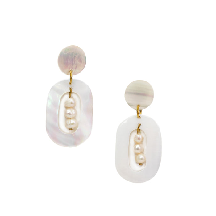 White Dangle Earrings - Oval with pearl