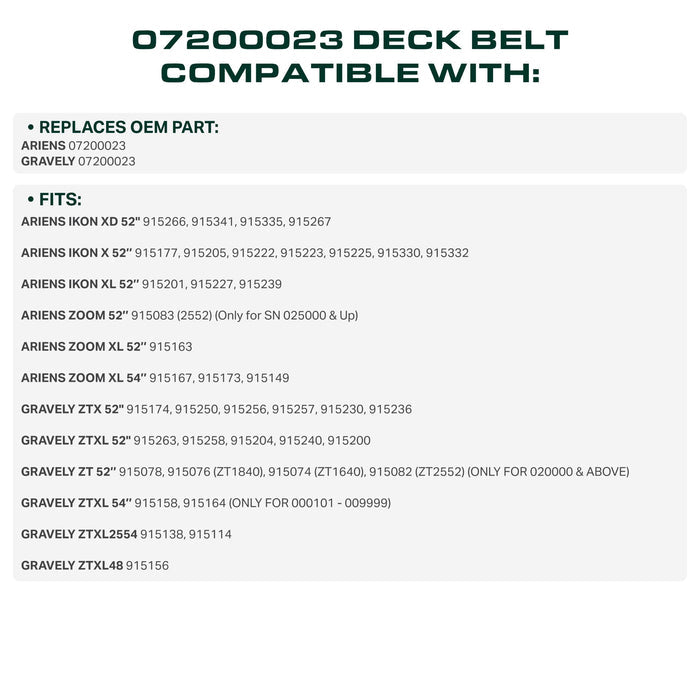 07200023, M154960 Mower Deck Belt Replacement for Ariens, Gravely & More | 52-in Deck | Aramid Cord