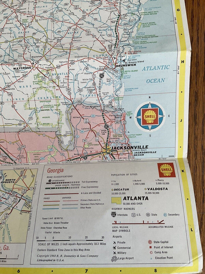 1968 Shell Oil Georgia State Highway Transportation Travel Road Map with Cities